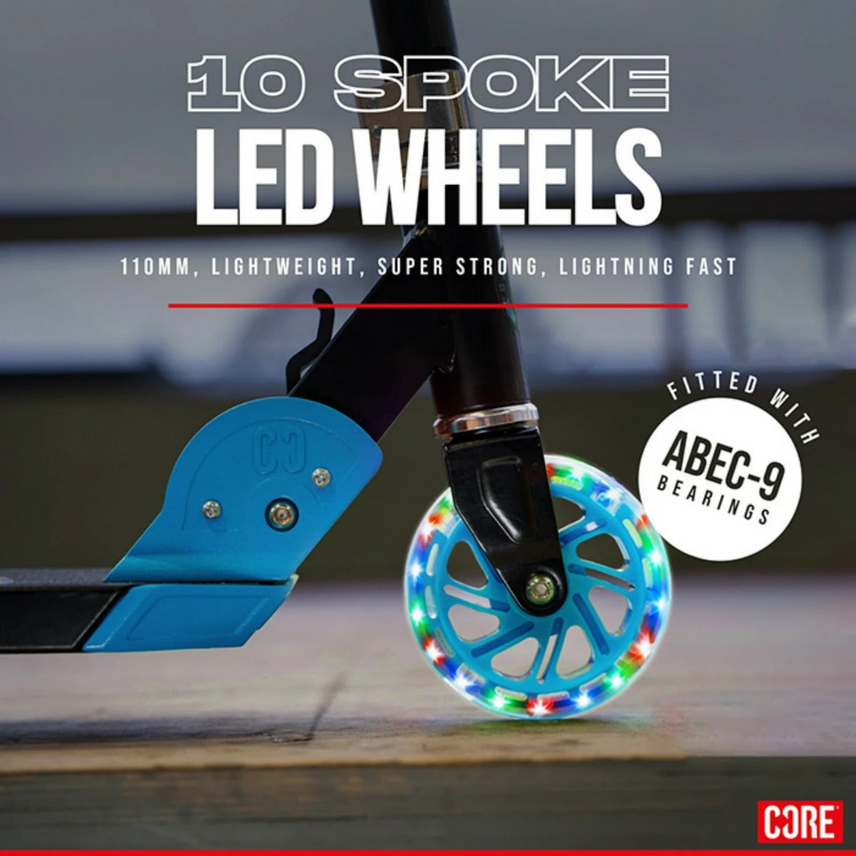 CORE Foldy Kids LED Foldable Scooter - Black / Blue - Wheel Detail