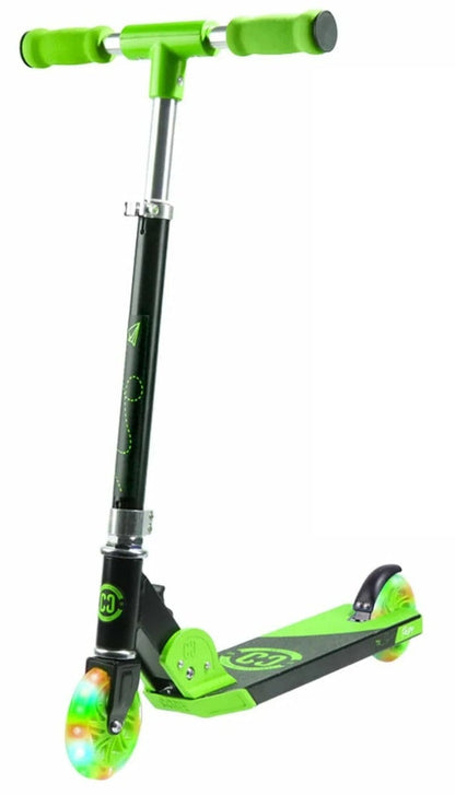 The CORE Foldy Kids LED Foldable Scooter in Black and Green presents a bold green deck coupled with adjustable handlebars and a sophisticated black stem. It features a front wheel adorned with vibrant LED lights, enhancing its contemporary look. Ideal for children and teens, this scooter melds entertainment and practicality into one convenient, foldable design.