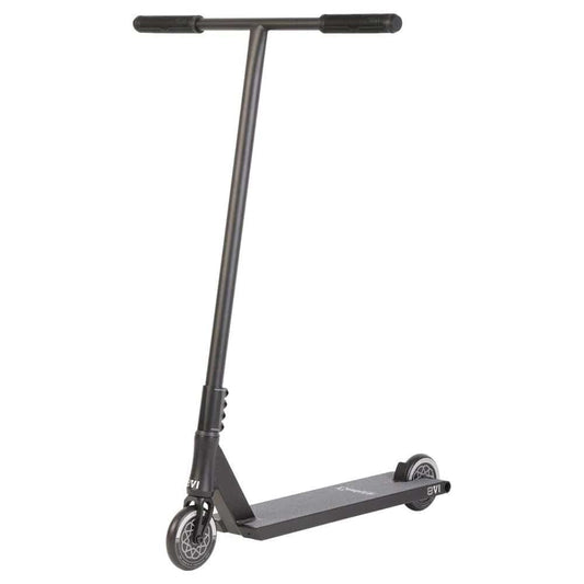 The Invert Curbside Complete Street Stunt Scooter in black (M) features chromoly steel bars and a robust deck, highlighted by alloy core wheels. The detailed hub design of the front wheel is prominently displayed as the scooter stands elegantly against a white background.