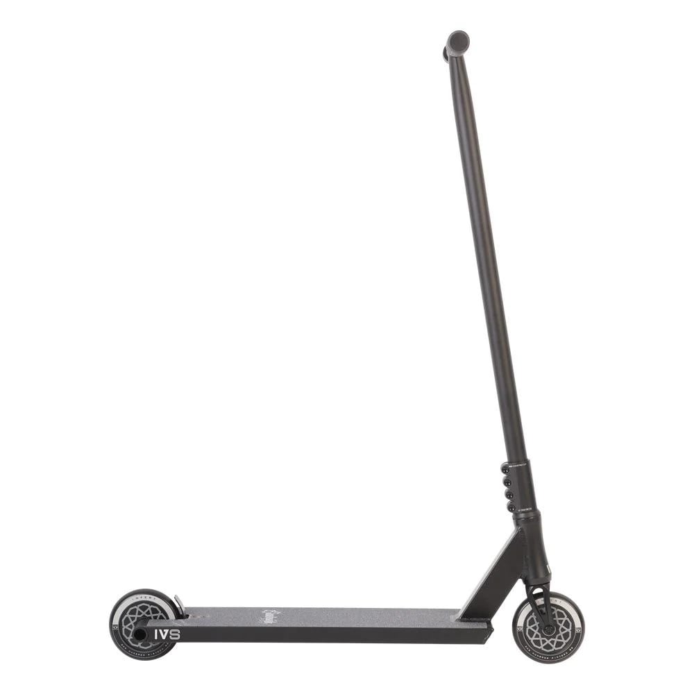 The Invert Curbside Complete Street Stunt Scooter in black showcases a minimalist design with sturdy chromoly steel bars and sleek alloy core wheels. Its straight handlebar and flat deck offer a simple yet modern look, focusing on functionality.