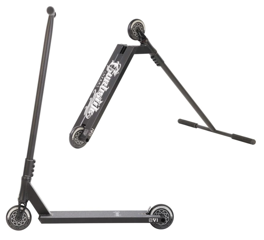 Two views of the black Invert Curbside Complete Street Stunt Scooter (M) are displayed, featuring 'Invert' branding on the deck. It includes alloy core wheels, a flat deck, and chromoly steel bars with grips. The scooter is shown from the side and at an angle.