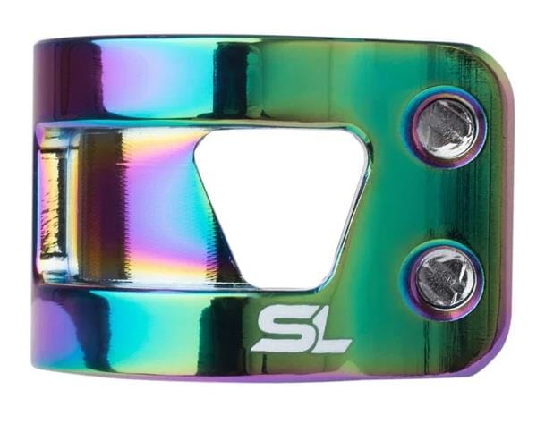 Introducing the CORE SL Double Bolt Scooter Clamp - Neochrome, a lightweight metallic scooter clamp adorned with a stunning rainbow gradient finish. It features CORE's Double Bolt technology on the right side and displays "SL" in white on the bottom left corner. Additionally, it comes with a size reduction shim to ensure a perfect fit.