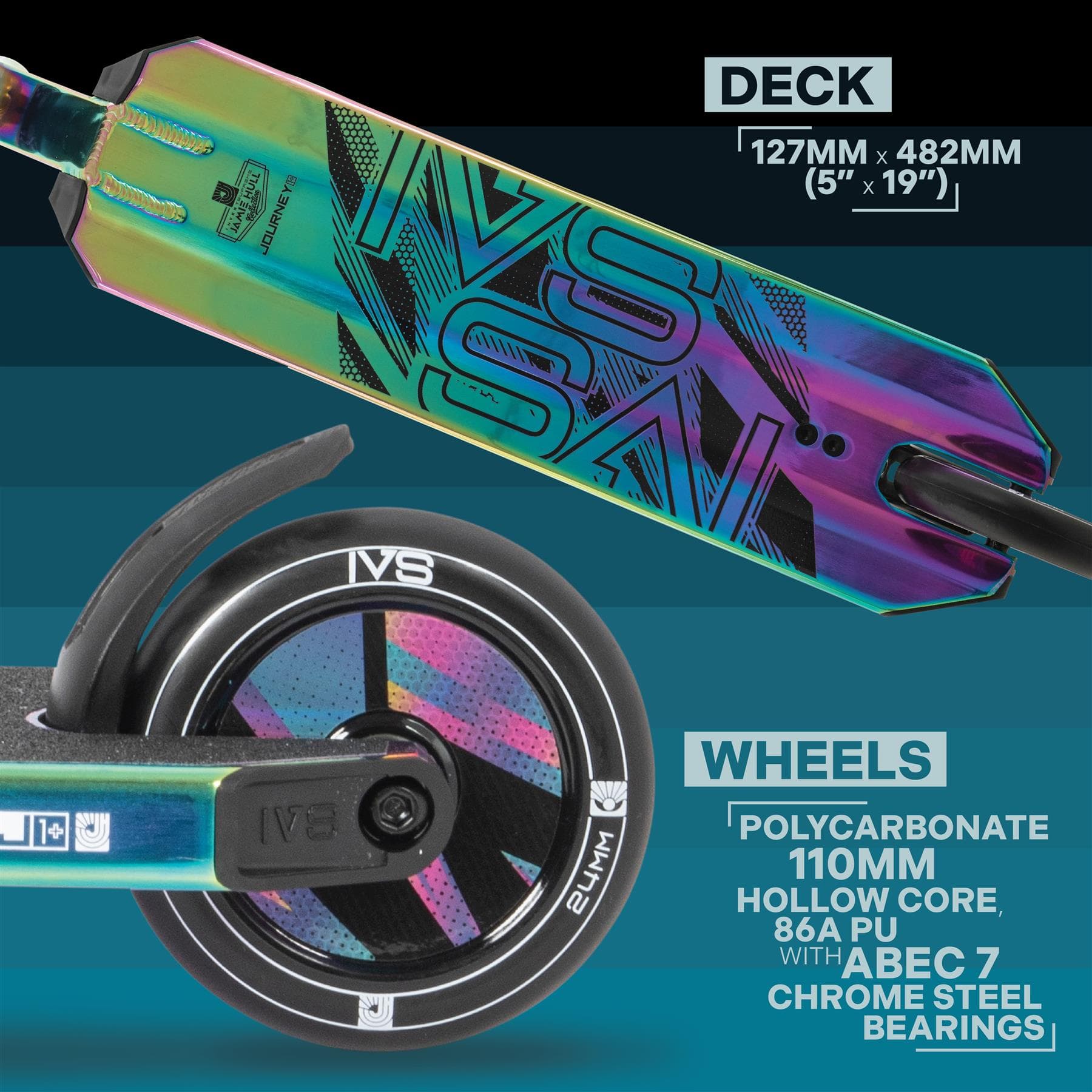 The Invert Supreme Journey 1+ Jamie Hull Stunt Scooter - Oil Slick showcases a colorful deck measuring 127mm by 482mm and striking wheel details. It is designed with dynamic patterns and features "Insa" text, complemented by 110mm hollowcore wheels crafted from 86A PU and ABEC-7 chrome steel bearings, making it ideal for any stunt enthusiast.