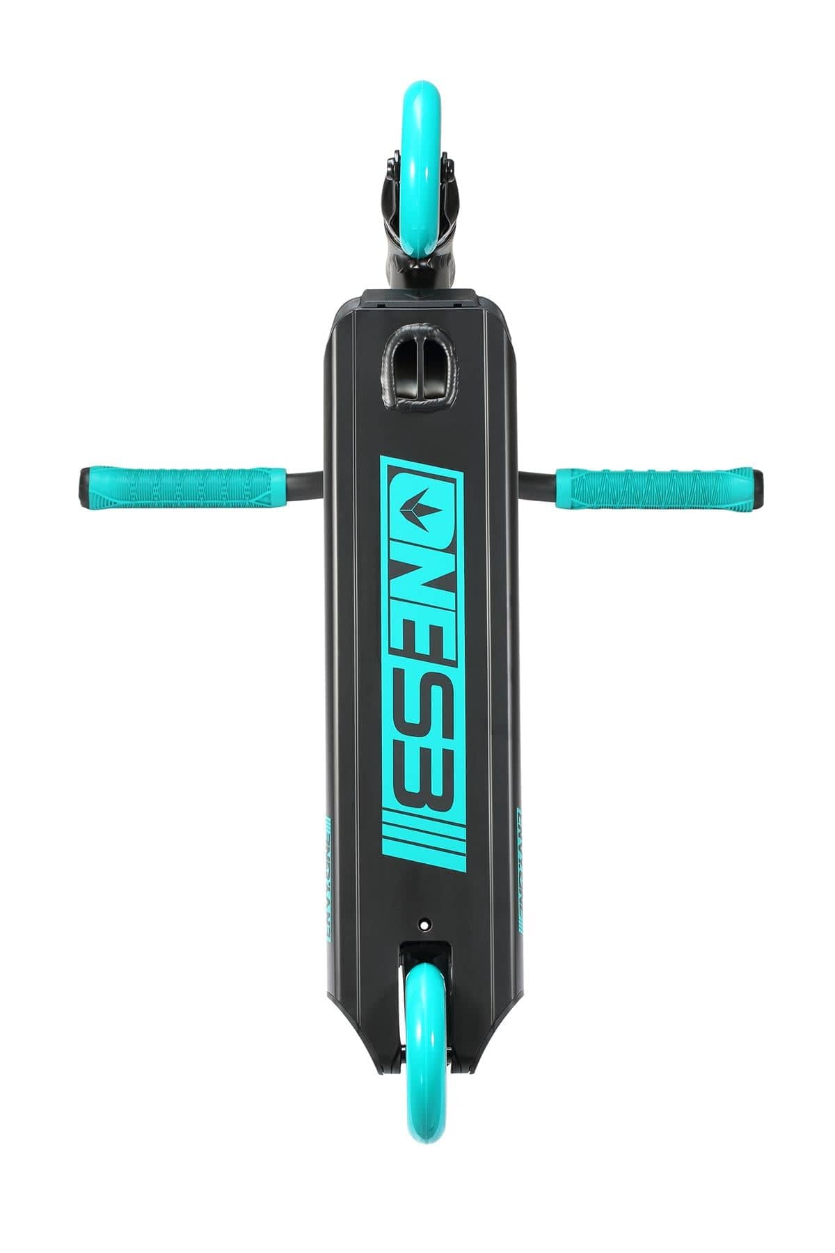 A Blunt Envy ONE S3 stunt scooter in black and teal, viewed from above. The aluminium deck features a bold, stylized teal "NES3I" design that matches both the grips and wheels. This pro scooter offers a minimalistic and sleek appearance ideal for any enthusiast.