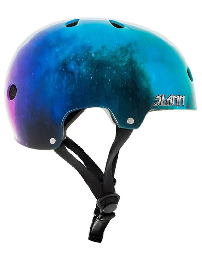 The Slamm Logo Skate / Scooter Helmet - Nebula, featuring a galaxy pattern in blues and purples, is ideal for scooter riders. It includes an adjustable chin strap and ventilation holes, and prominently features the Slamm brand logo on the side while meeting EN1078 safety standards.