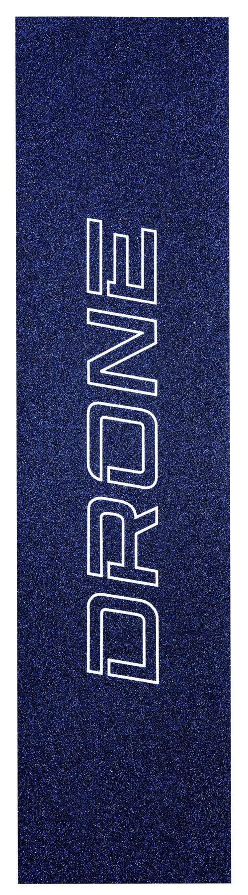 The Drone Prism Glitter Stunt Scooter Griptape - Blue displays "DRONE" in bold white letters with a prismatic effect, ideal for scooter customization.