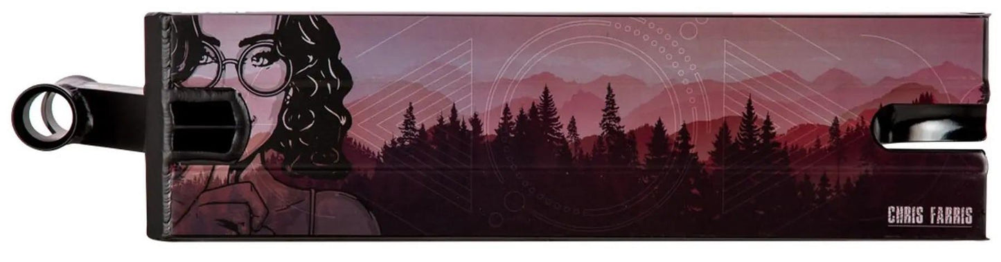 A rectangular skateboard deck features a stylized drawing of a person with glasses on the left and a scenic silhouette of pine trees and mountains against a gradient pink sky on the right. The brand name "Chase Fahrig" is prominently displayed, reminiscent of the Lucky Chris Farris V1 Signature style by Longway.