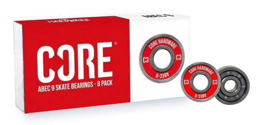 A box of top-tier CORE ABEC 9 Skateboard Bearings - 8 Pack is showcased with two bearings prominently in the foreground. The red and white packaging proudly displays the Core logo alongside the "8 Pack" labeling. Each bearing features a distinct red outer ring inscribed with "CORE ABEC-9," guaranteeing exceptional performance for skateboarding enthusiasts.