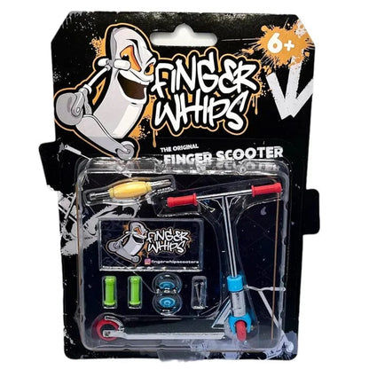 Packaging for the Finger Whips Finger Toy Scooter - Chrome, ideal for young extreme sports enthusiasts aged 6 and older. This set includes die-cast decks and colorful small-scale scooter components, adorned with a cartoon character design and striking graffiti-style text.