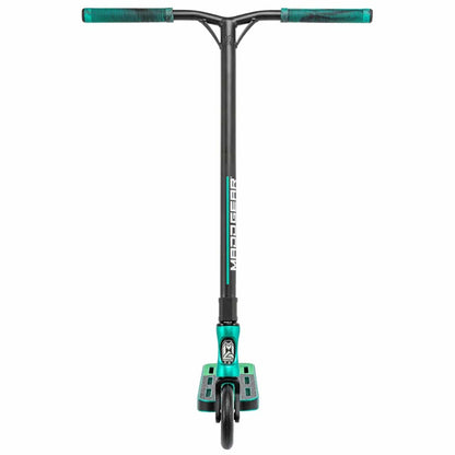 The Madd Gear (MGP) VX Origin Team Edition Complete Stunt Scooter, available in Petrol/Cyan, is depicted from the front to highlight its lightweight design. It includes a T-shaped handlebar with textured grips, a reinforced deck with cutouts for enhanced performance and durability, and is equipped with a single front wheel ideal for executing tricks.