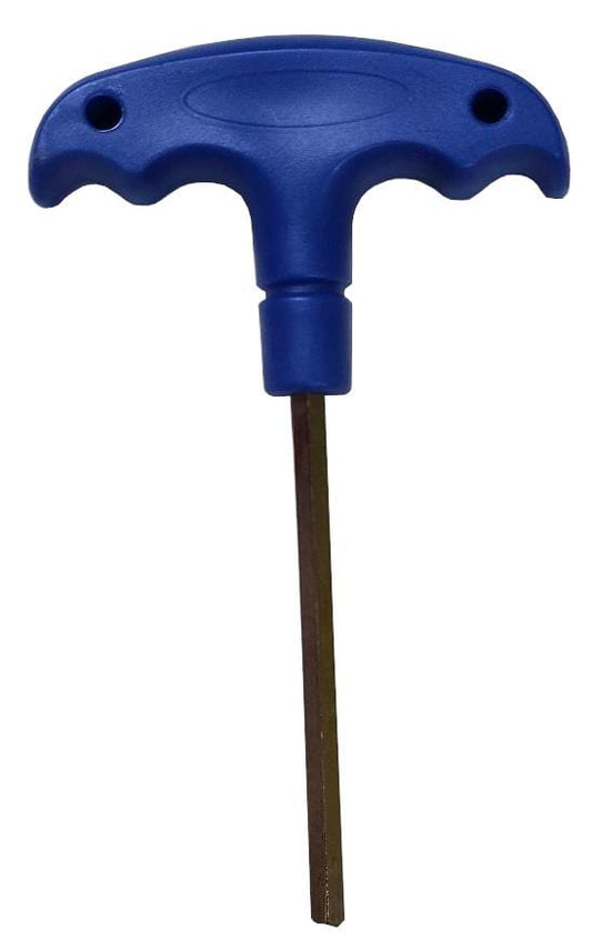 The Solid Handle 5mm Allen Key - Blue by Skates.co.uk features a long metal shaft ideal for scooter adjustments or tightening wheels, with its design ensuring a comfortable grip for turning screws or bolts.