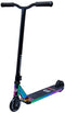 The Longway Adam Complete Stunt Scooter - Black / Neochrome is a colorful and lightweight option perfect for beginner riders. It features a black handlebar and a textured deck with a gradient design in shades of purple, green, and blue. Equipped with small black wheels at the front and rear, it offers easy maneuverability.