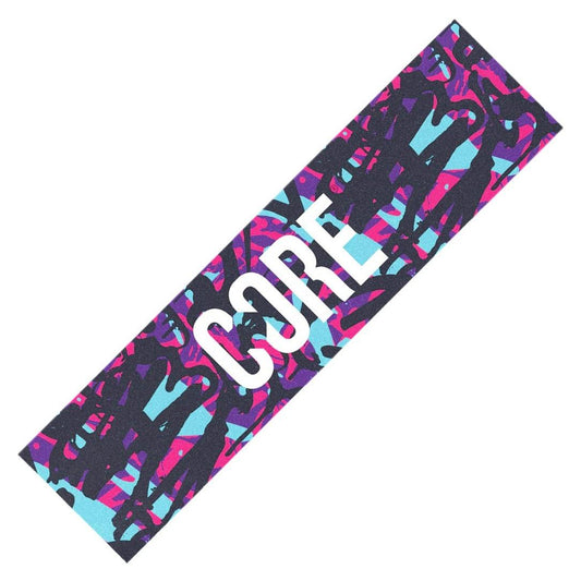 A rectangular banner with a vibrant, abstract design in shades of purple, blue, and pink prominently displays the text "CORE" in bold white uppercase letters at the center. This striking design emphasizes the CORE Classic Stunt Scooter Griptape - Neon Splat, ensuring ultimate grip for any stunt scooter enthusiast.