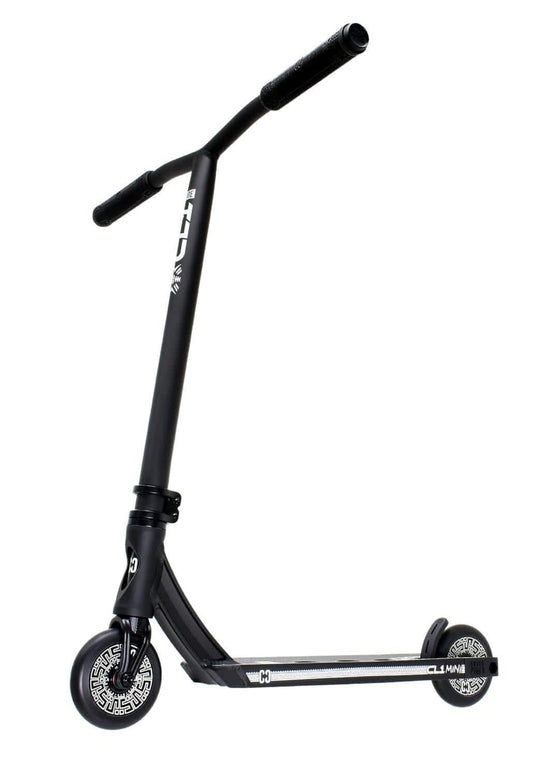 Introducing the CORE CL1 Mini Complete Stunt Scooter - Black LE, a sleek product crafted by CORE for pro-level performance. This scooter features a stylish T-shaped handlebar and two compact wheels that enhance its agility. The deck is adorned with graphic designs, while the uniquely patterned wheels add an extra touch of flair. Set against a crisp white background, this scooter is built to take on any challenge.