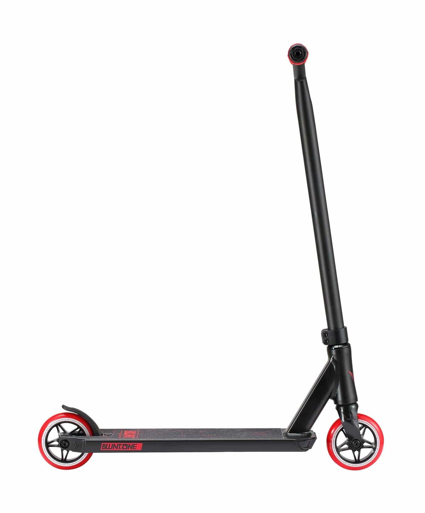 Introducing the Blunt Envy ONE S3 Complete Stunt Scooter in Red, offering a sleek design ideal for beginner riders. This scooter features vibrant red wheels paired with sturdy black handlebars. The deck boasts a textured surface for optimal grip against a clean white background, showcasing top-quality pro scooter parts designed for performance enthusiasts.