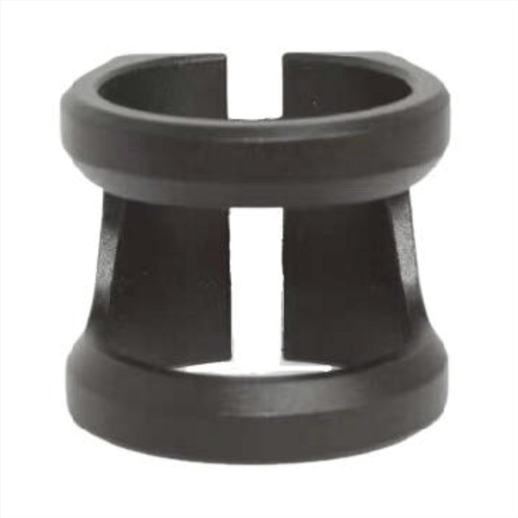 A black, cylindrical, open-ended ring with a vertical split and curved sides, resembling the lightweight Root Industries GT 2 Bolt Oversized Stunt Scooter Clamp. It features a hollow center and wide, rounded edges to ensure compatibility with various bar sizes for any scooter setup.