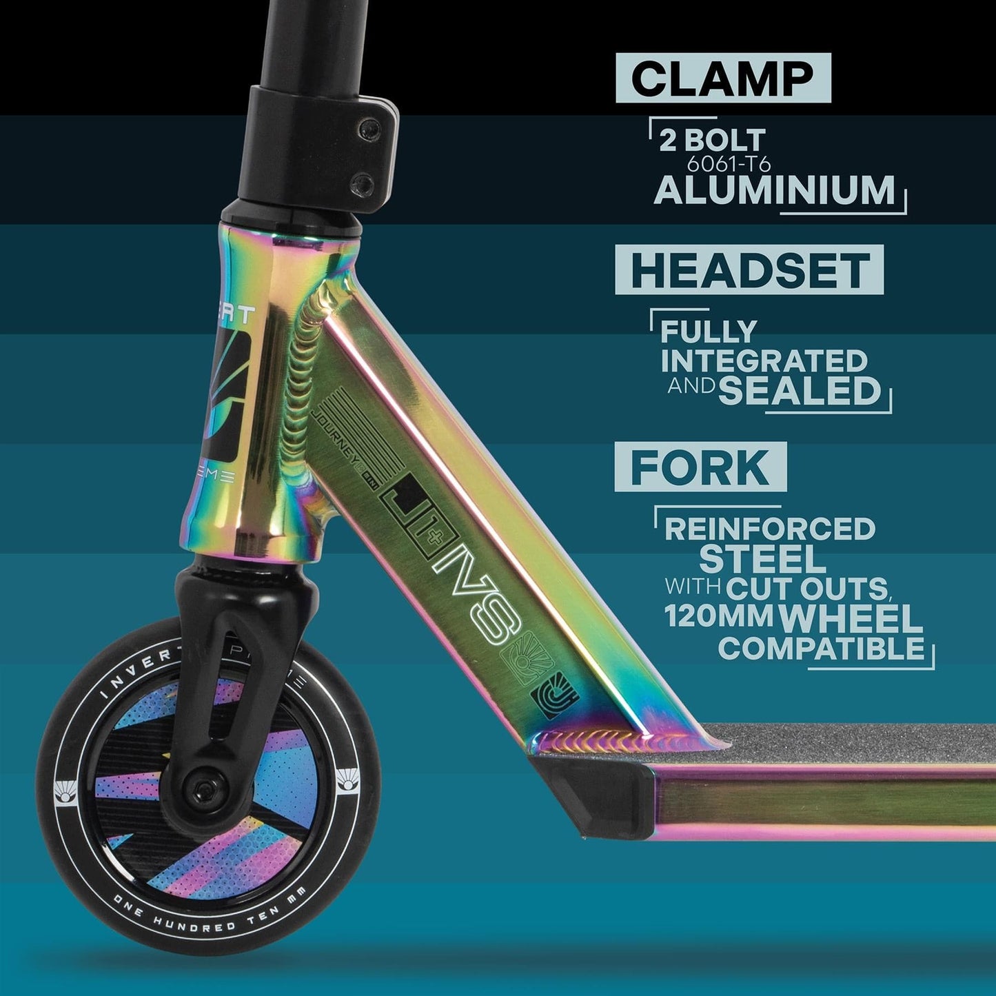 Close-up of the front section of the Invert Supreme Journey 1+ Mini Jamie Hull Stunt Scooter - Oil Slick, showcasing its impressive features: a 2-bolt 6061-T6 aluminum clamp, a fully integrated and sealed headset, and a reinforced steel fork with cutouts. Ideal for young riders, this scooter is compatible with 120mm wheels and is beautifully set against an oil slick gradient background.