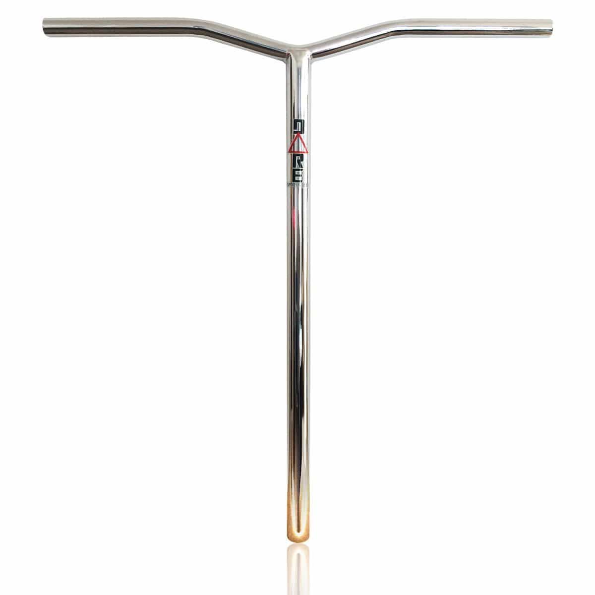 Introducing the Dare Sports Wing Scooter Bars in a sleek Chrome finish. These bars are designed with a T-shaped structure, built from robust 4130 Chromoly steel. They feature a central vertical bar that supports two horizontal grips, all captured against a plain white background and adorned with a small logo near the center for added style.