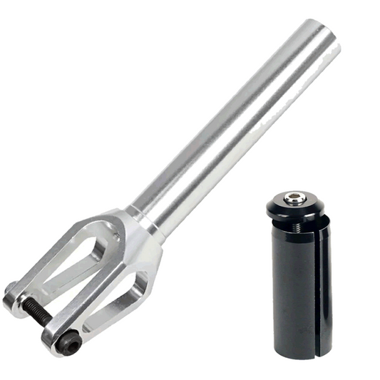 The Dare Dimension IHC Stunt Scooter Forks - Silver by Dare are crafted from CNC-machined 6061 T6 aluminum, featuring a silver cylindrical stem with two prongs. They include bolt holes at the bottom and have an IHC compression system with a top bolt for secure riding.