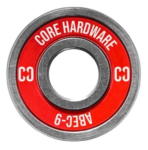 Close-up of the premium CORE ABEC 9 Skateboard Bearings, showcased with a striking red finish and sleek silver edges. "CORE HARDWARE" and "ABEC-9" are prominently printed in white, accompanied by distinctive "CC" logos. The central hole reveals an intricate circular pattern, exemplifying the superior quality of these skateboard bearings by CORE.