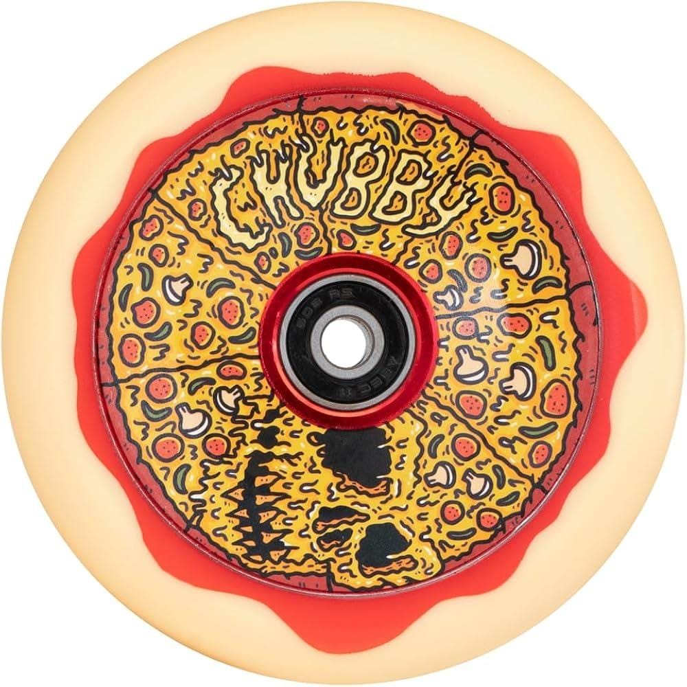 Introducing the Chubby Hollowcore 110mm Stunt Scooter Wheel - Skull Pizza, showcasing an imaginative pizza design where the word "Chubby" pops among colorful toppings and red sauce. This whimsical wheel captures the essence of the Chubby Skull Pizza style, seamlessly merging fun with creativity in every vibrant detail.