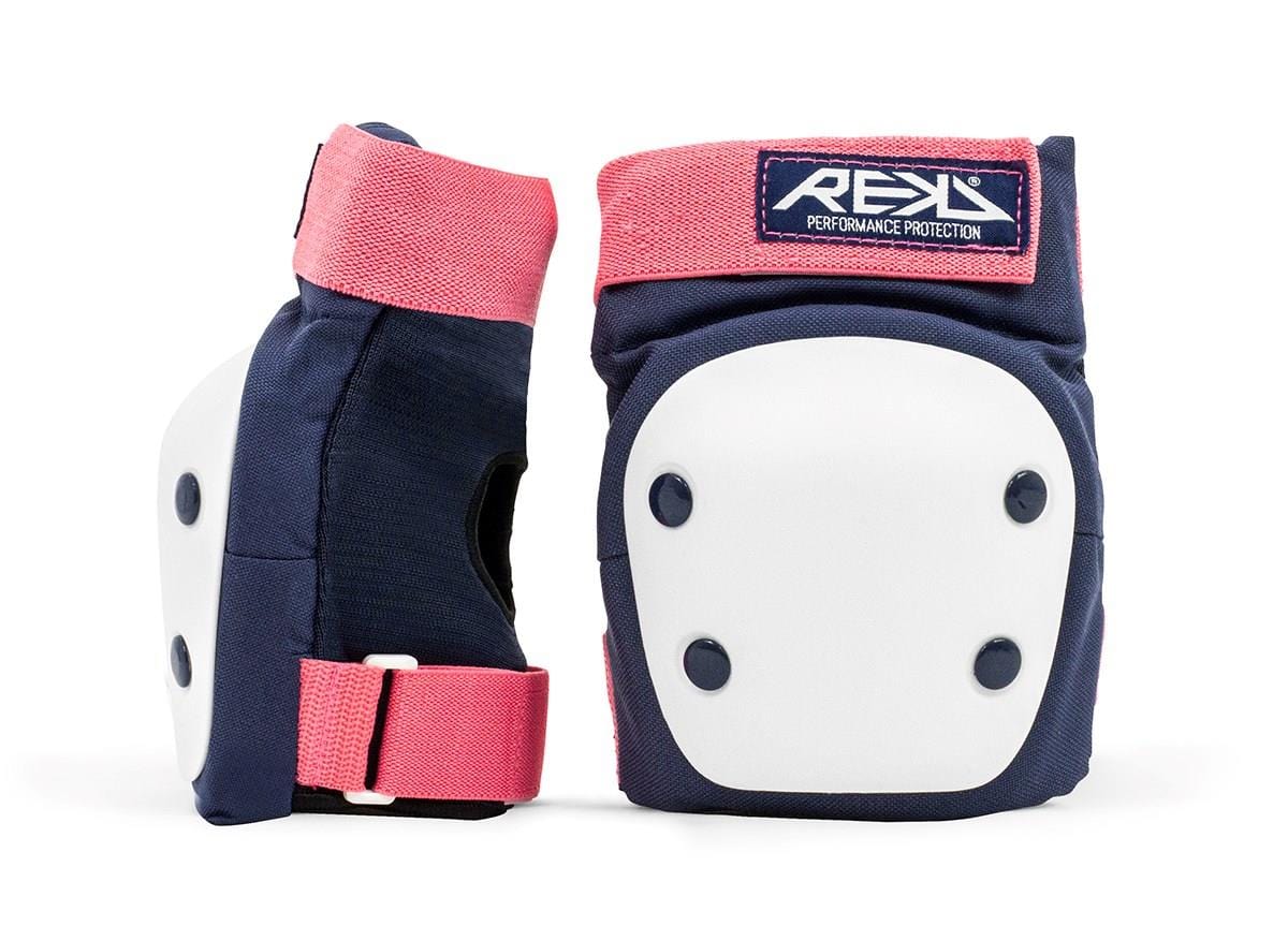 The REKD Heavy Duty Triple Skate Protection Pad Set in blue and pink features knee pads with white protective plates designed to keep your knees safe. The adjustable straps have Velcro fastenings, and the REKD brand name is prominently displayed on top. These knee pads provide safety and comfort, making them the perfect complement to wrist guards or elbow protection for complete peace of mind.