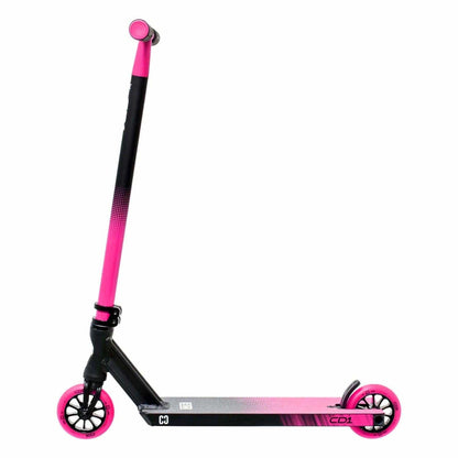 Introducing the CORE CD1 Complete Stunt Scooter by CORE, a stylish black and pink scooter crafted for beginner riders. It features vibrantly pink handlebars and wheels that stand out against its sleek black deck and stem. The lightweight aluminum deck is built for smooth rides, highlighting its dynamic design when viewed from the side.