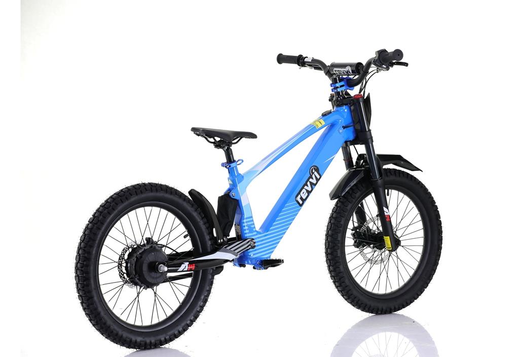 The Revvi 20" Kids Electric Balance Bike in blue features thick tires, a sturdy frame, disc brakes, and black seat and handlebars. Perfect for adventurous rides, it showcases the iconic "Revvi" logo on the frame against a plain white backdrop.