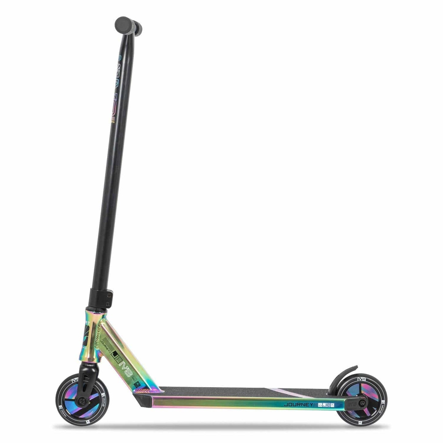 The Invert Supreme Journey 1+ Jamie Hull Stunt Scooter - Oil Slick features a sleek, colorful design with a black handlebar and two wheels. Its deck dazzles with an iridescent finish in green, purple, and gold hues, complemented by 110mm hollowcore wheels that enhance its striking appearance.