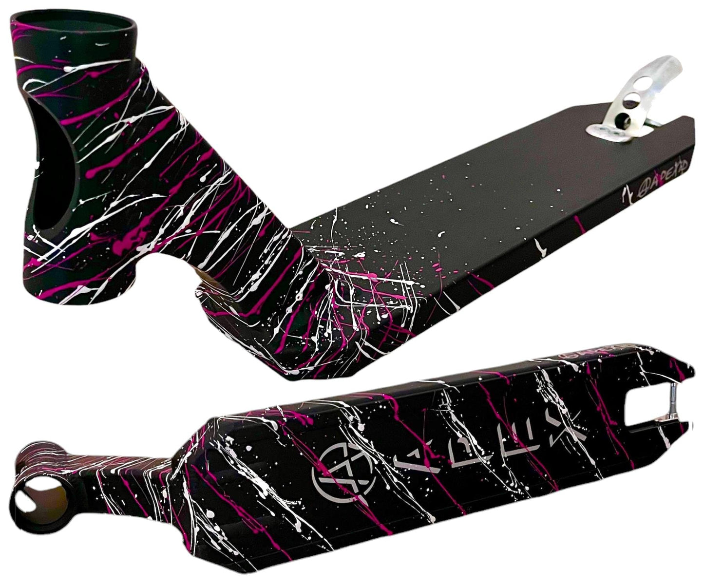 The Apex Rio Special Edition Stunt Scooter Deck, measuring 4.5" x 18.1", features a black surface adorned with artistic pink and white paint splatters. Crafted from Australian-made 6082 aluminium, this premium scooter deck displays the Apex brand logo on one side. The image showcases both the top and underside of what is considered the world's best scooter deck.