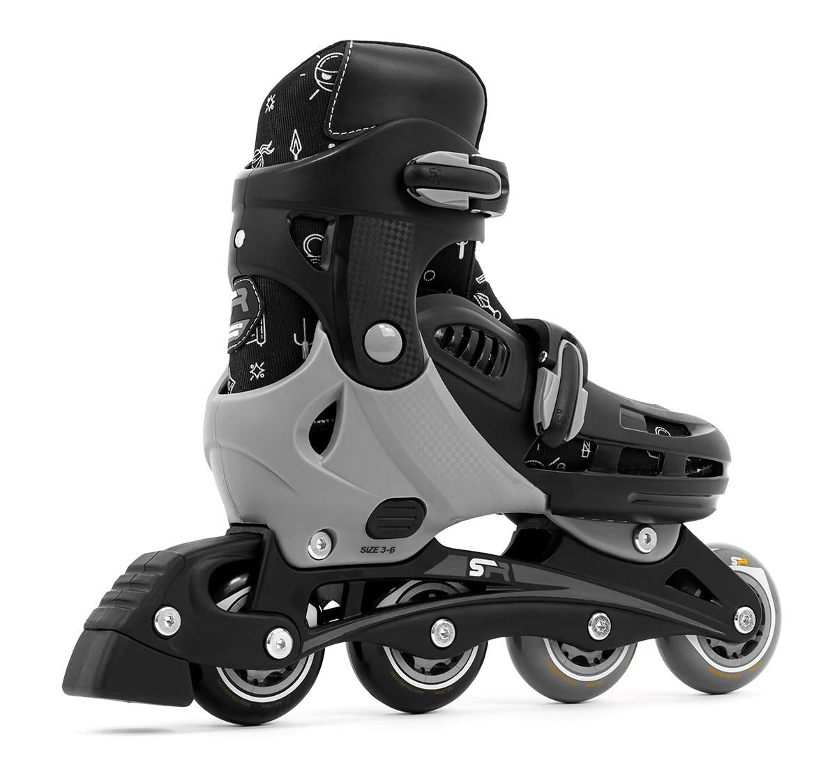 A profile shot of the SFR Cyclone II Adjustable Inline Skates - Ninja in black and gray, showcasing four robust PU wheels. The design incorporates adjustable straps and an innovative sizing adjustment system, with the boot's pattern enhancing its stylish look.