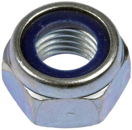 Here's a close-up of the Dial 911 Scooter High Tensile Axle Nut, featuring a blue nylon insert that is perfect for securing an 8mm scooter axle. With its shiny, smooth finish and visible internal threading, this product is ideal for enhancing your scooter setup.