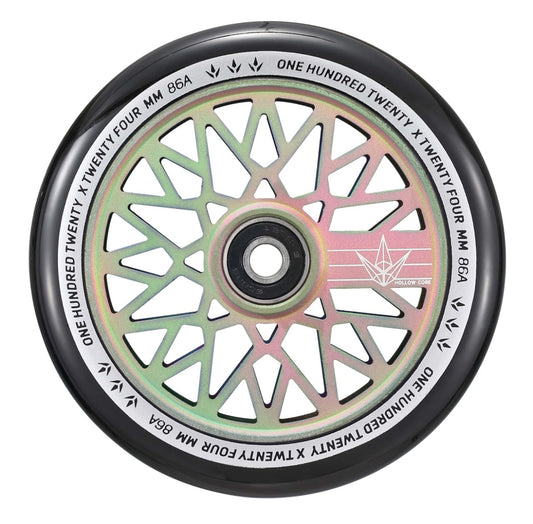 A close-up of a vibrant Blunt Envy Diamond Hollow Core 120mm stunt scooter wheel in a matted oil slick design, featuring a black outer rim. The wheel showcases a geometric spoke pattern with text reading "ONE HUNDRED TWENTY FOUR MM 86A" around the edge.