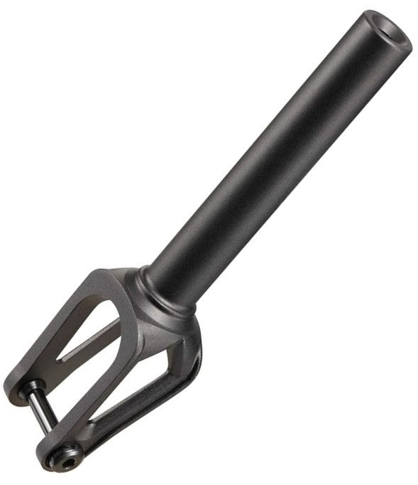 The Blunt Envy Diamond IHC Stunt Scooter Forks - Black are crafted from durable CNC 6063 aluminium and feature a sleek black design. They boast a cylindrical stem and a U-shaped bracket with two prongs for easy wheel attachment, seamlessly accommodating an IHC compression kit.