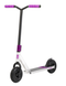 The Invert Supreme Taunt Dirt Scooter in raw, pink, and purple features a silver and black design with purple grips and accents. It boasts pneumatic wheels, a sturdy frame, and a wide foot deck with the brand logo at the rear. The dirt scooter has straight handlebars, and the fully integrated headset gives it a fresh look against a white background.