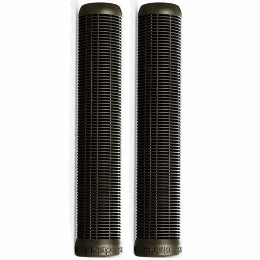 Two District Short Black Stunt Scooter Grips, each measuring 140mm, are positioned side by side on a white background. Made from thermoplastic rubber, these cylindrical grips feature a ribbed design and embossed District branding at the ends, combining style and performance reminiscent of bicycle handlebar grips.