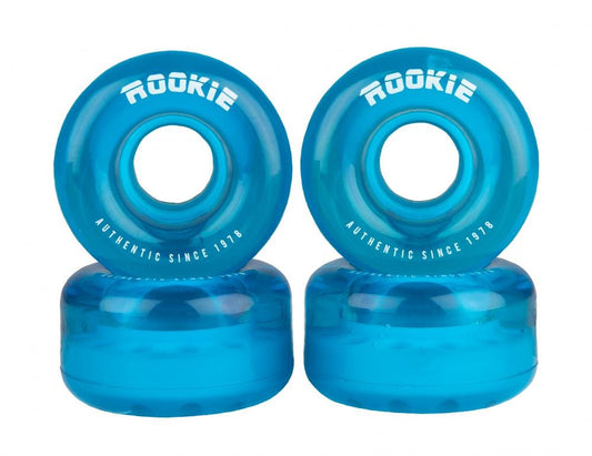 A set of four clear blue quad roller skate wheels, organized into two pairs, ideal for both indoor and outdoor skating. These Rookie Disco 80A wheels feature an 80A hardness rating and proudly display "Rookie" along with "Authentic Since 1978" in white on the side.