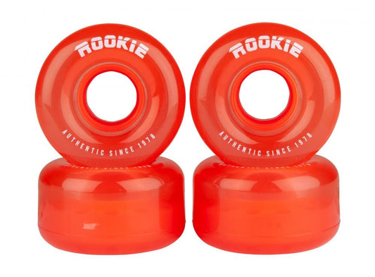 The Quad Roller Skate Wheels by Rookie, in a clear red color, are vibrantly stacked in pairs. Each 58mm x 32mm wheel features "Rookie Disco 80A" and "Authentic Since 1978" elegantly printed in white lettering around the sides. These wheels have a glossy finish and smooth surface, making them ideal for both indoor and outdoor skating activities.