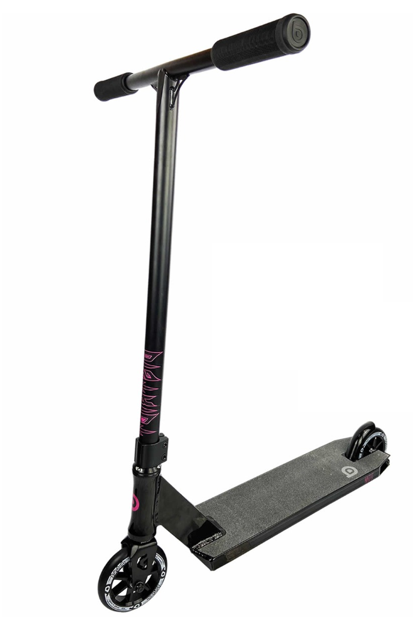 The District Titan Complete Stunt Scooter - Black, by District, is crafted for pro-level riders and features a T-bar handle, two small wheels, and a textured deck. This sleek freestyle scooter showcases striking pink graphic details on the stem, making it ideal for competitive scooter riding.