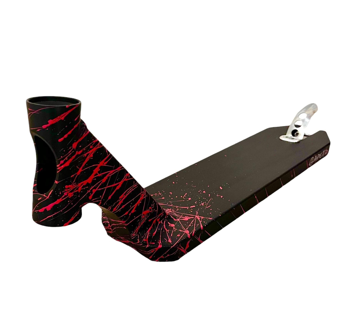 The Apex Blood Splatter Special Edition Stunt Scooter Deck, measuring 5" x 19.5", from the brand Apex, features a durable black design with a striking red splatter pattern and a sleek silver brake at the rear. Ideal for freestyle scootering, its modern and edgy appearance ensures it stands out on every ride.