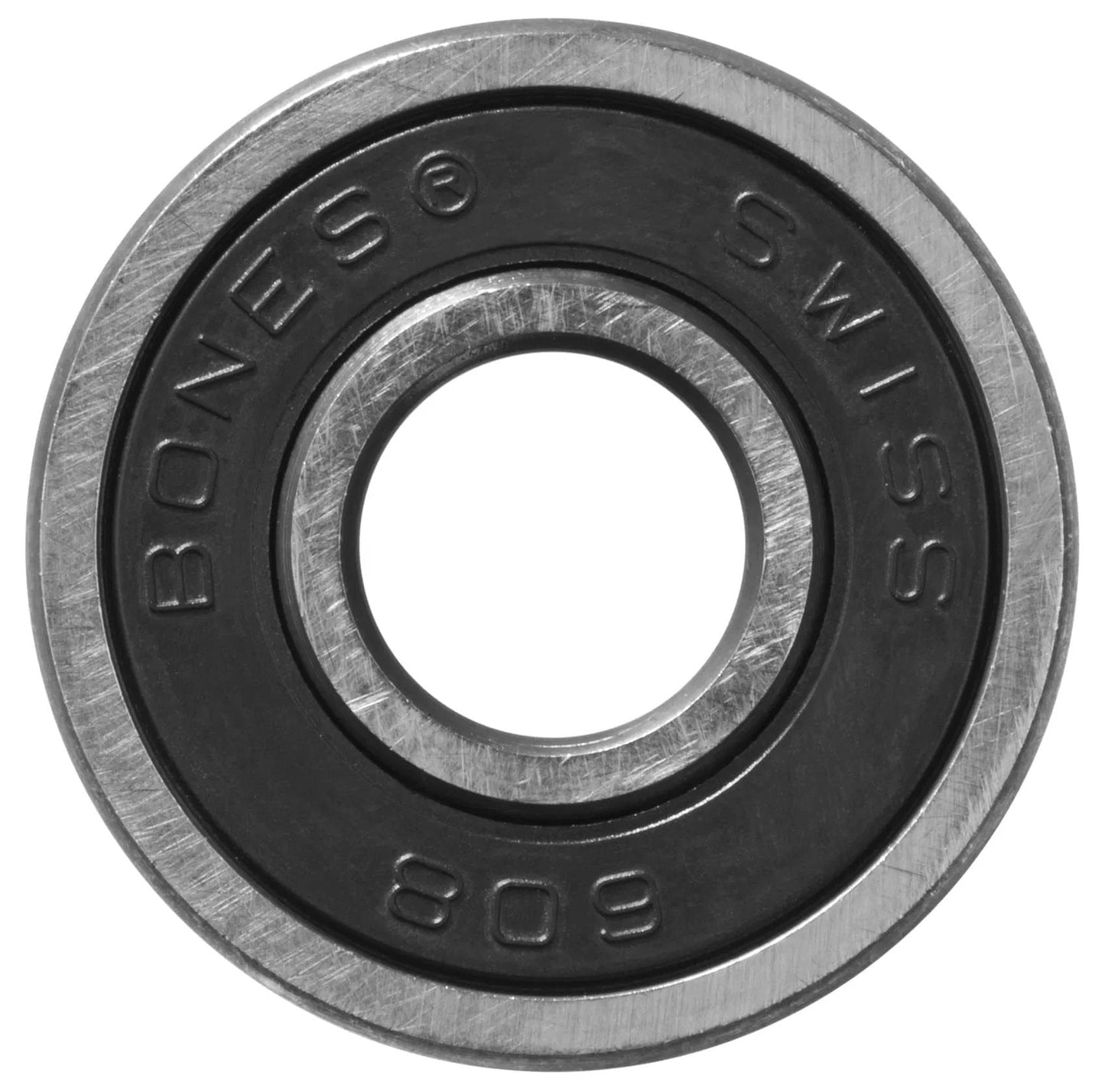 Close-up of a premium bearing engraved with "BONES SWISS 608," preferred by pros. It features a circular design with a metallic outer ring and dark inner circle, reflecting the top quality of Bones Swiss Skateboard Bearings - 8 Pack from Bones.