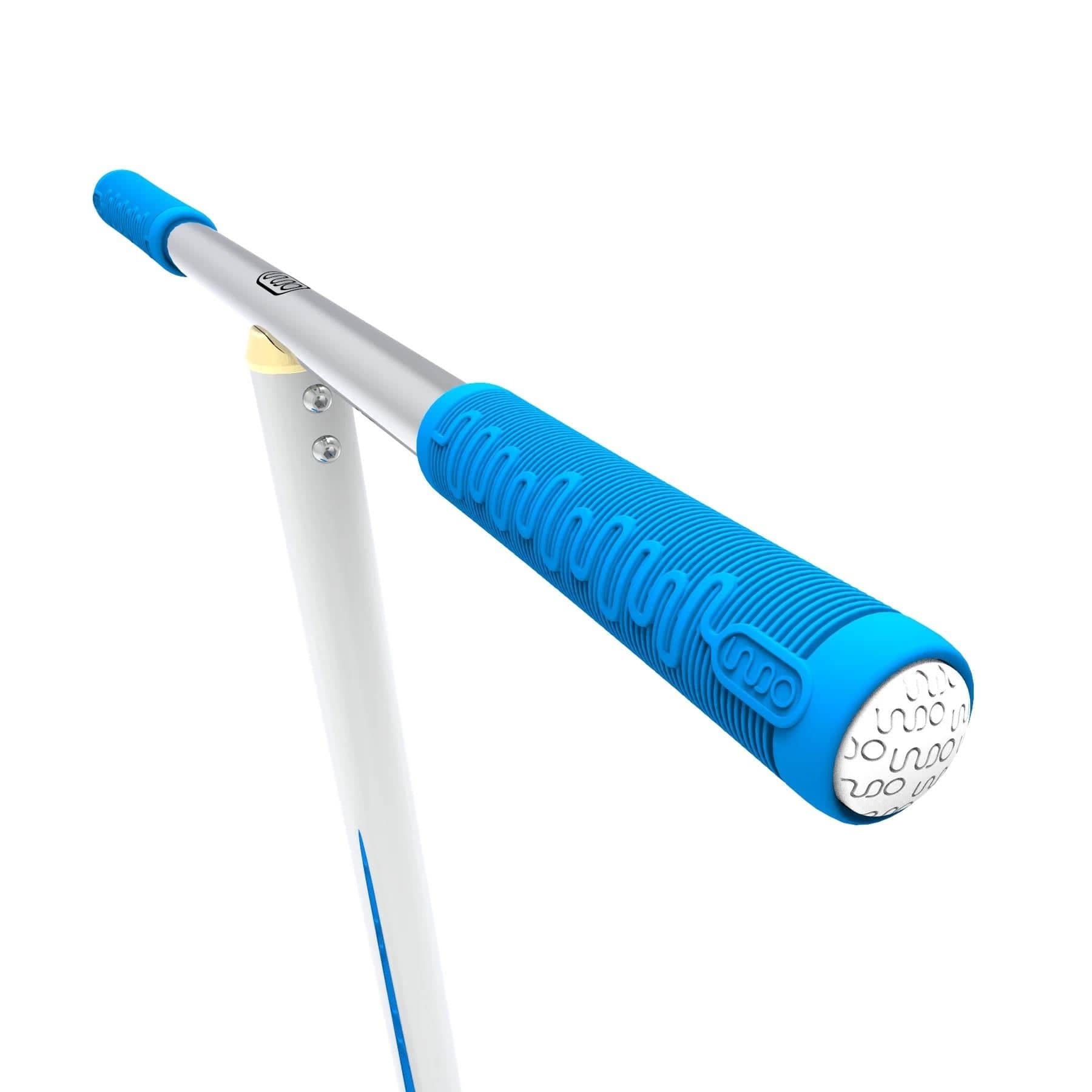 The golf ball retriever, featuring a blue rubber handle and silver telescopic pole, echoes the precision of the INDO Snowscoot Complete Snow Scooter design. Its textured grip ensures a firm hold, and its base is crafted to securely grasp a golf ball.