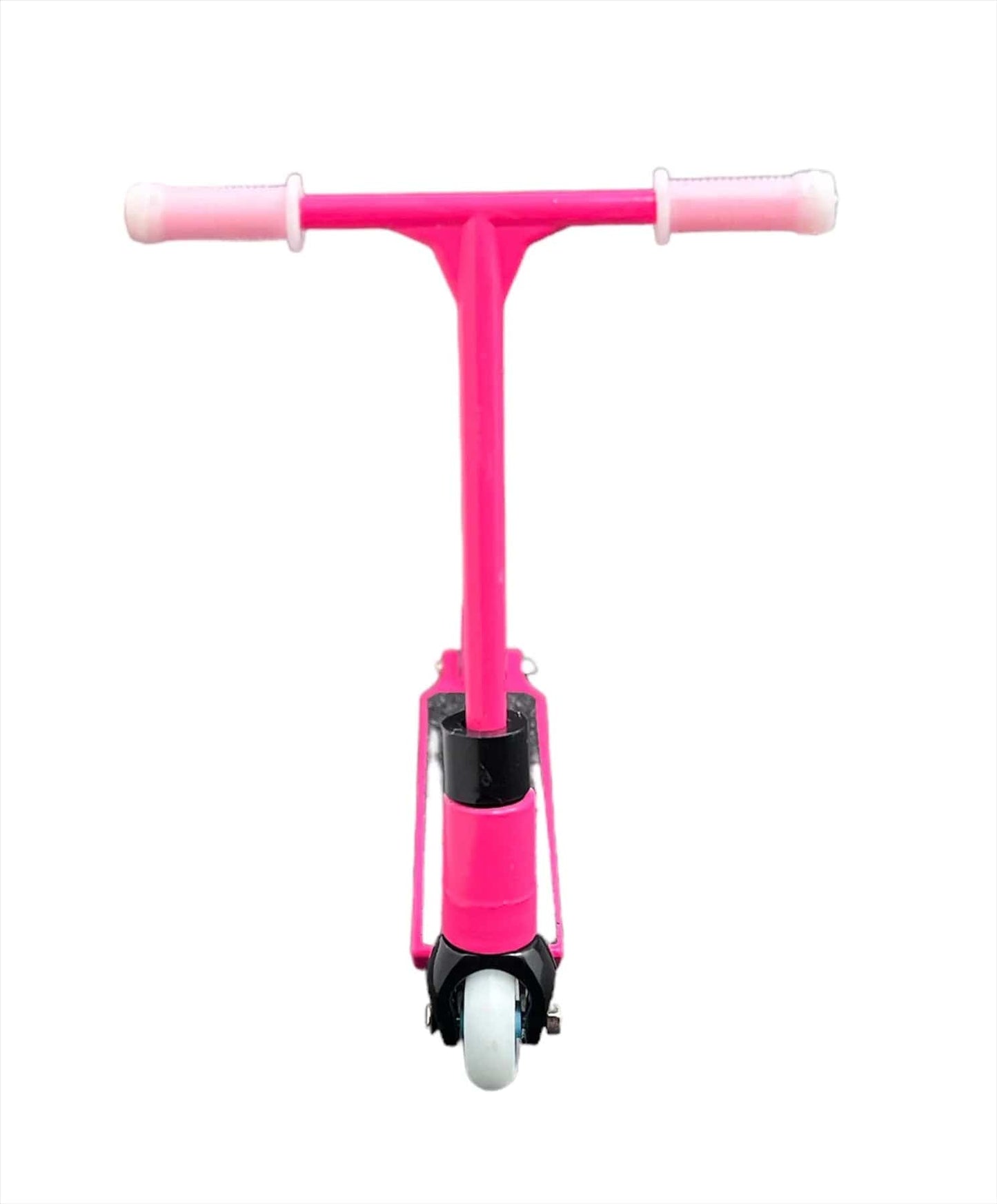 Front view of the Fingers Whips Finger Toy Scooter in pink with white handlebars and a single white front wheel, set against a plain white background. Perfect for enthusiasts eager to master Finger Whips, this mini ride by Finger Whips is ideal for extreme sports aficionados.