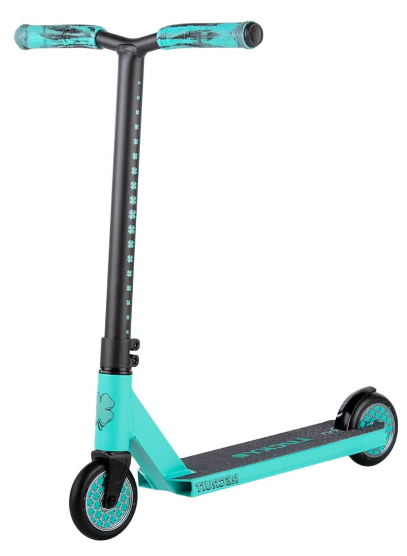 The Lucky Recruit 2025 Motion Teal Stunt Scooter features turquoise grips, a black stem with stars, and an anti-slip deck. It has two wheels, rear brake with white spokes, and sports the Lucky logo on the deck for a safe ride.