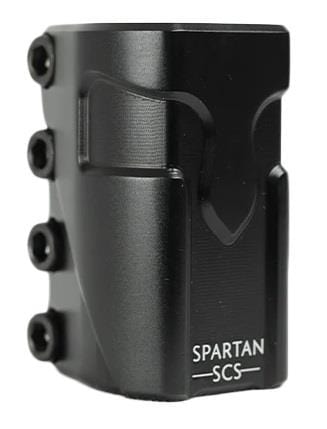 The Supremacy Spartan 4 Bolt Oversized SCS Stunt Scooter Clamp is a versatile addition to your scooter. It sports a sleek matte black design with "SPARTAN SCS" engraved on it. Crafted from durable aluminum by the Supremacy brand, it features four bolt holes on the side for secure attachment.