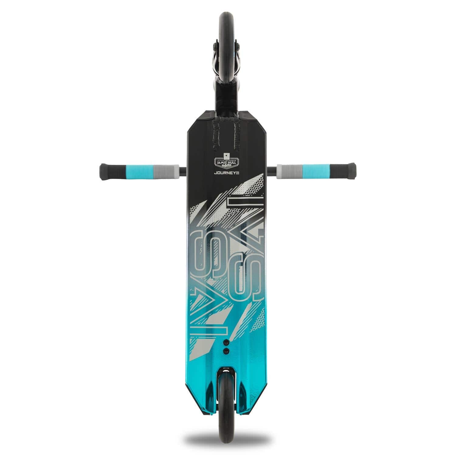 Displayed from a top-down view, the Invert Supreme Journey 1+ Jamie Hull Stunt Scooter in Tri Electro Teal and Black features a black and teal deck crafted from 6061 aluminum with a geometric design and "JOURNEY" emblazoned on it. The handlebars boast gray and teal grips, complemented by vertically aligned hollowcore wheels.