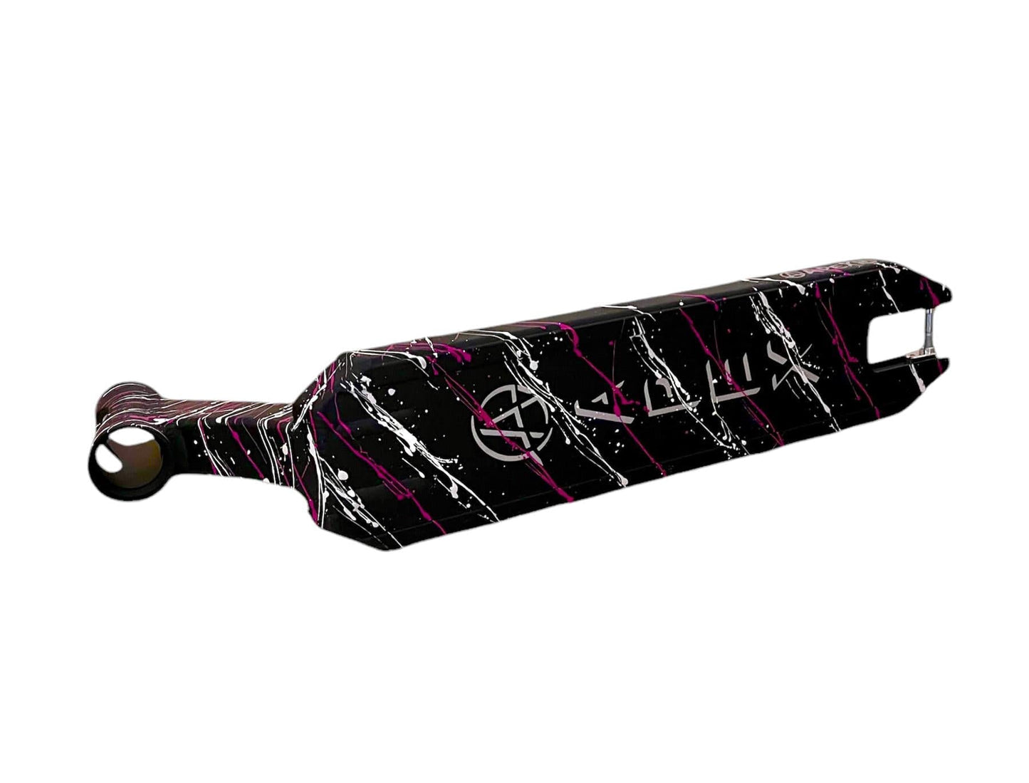 The Apex Rio Special Edition Stunt Scooter Deck showcases a black base with a striking white and pink splatter design. Featuring precision-cut edges and an integrated headset opening, this durable scooter deck from Apex provides a stylish, sleek look for freestyle riding.