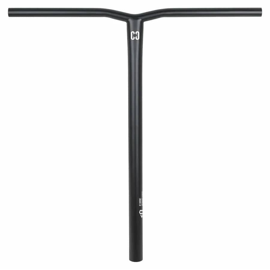 Here is the revised sentence: 

The black T-shaped handlebar, part of the CORE Apollo Super Steel Oversized SCS Stunt Scooter Bars collection, is made from robust Chromoly 4130 and showcases the iconic CORE Super Steel logo and text near the center bar, offering a stylish upgrade for your stunt scooter.