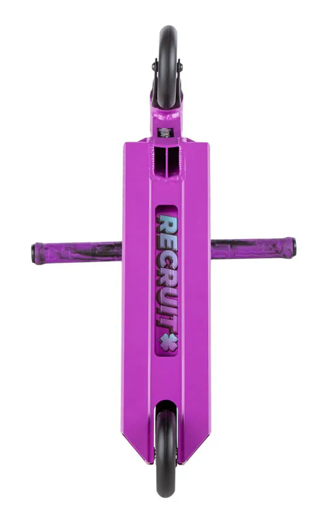 Top view of a motion purple Lucky Recruit 2025 Complete Stunt Scooter, showcasing "RECRUIT" and a paw print on the deck. The horizontal handlebars frame one visible wheel at each end.