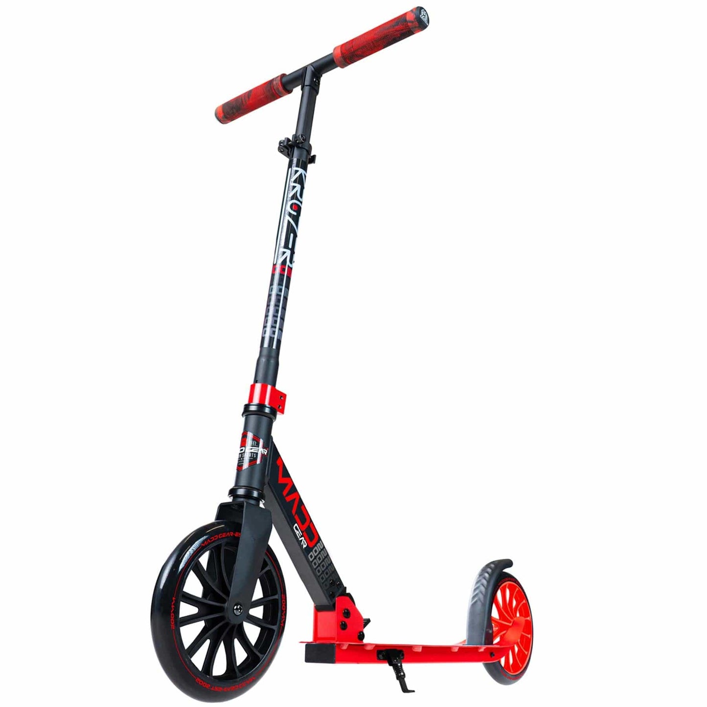 Introducing the Madd Gear MGP Carve Kruzer V2-200 Commuter Foldable Scooter in Black and Red. This scooter showcases a large front wheel and a smaller rear wheel, complemented by a red-deck design. It features black handlebars with red grips, along with a convenient kickstand. The wheels and select areas of the frame are highlighted with bold red accents, easily making it stand out on your commute.